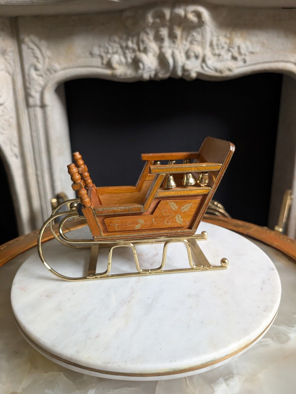 Vintage Wood Brass Sleigh w/ Bells Holiday Planter, Candle, Trinkets Holder